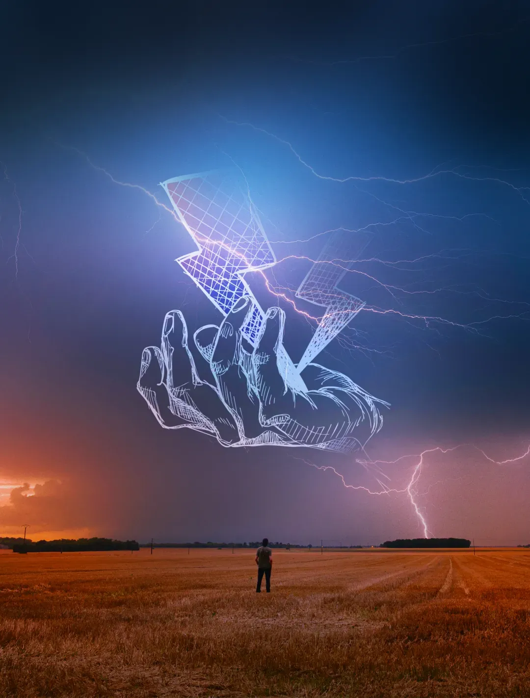 Visuel du Festival 2026 : une main dessinée tient des éclairs au-dessus d’un champ moissonné, sous un ciel d’orage.
